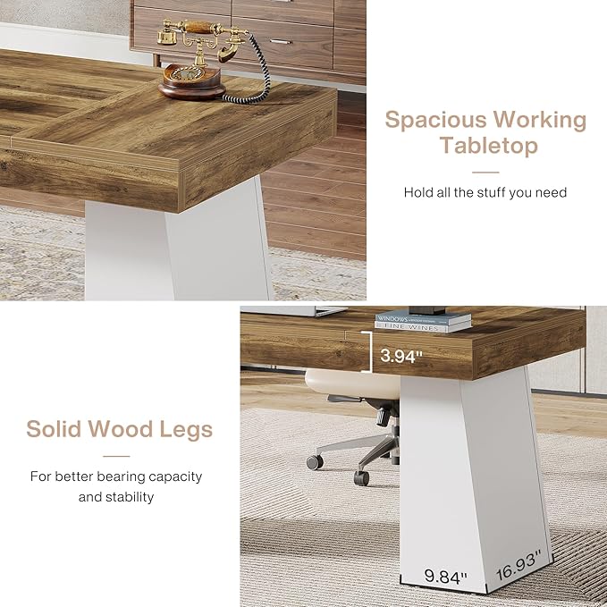 Tribesigns 55 Inches Executive Desk, Mid-Century Modern Home Office Desk, Wood Computer Table Business Workstation Small Conference Table, White & Brown