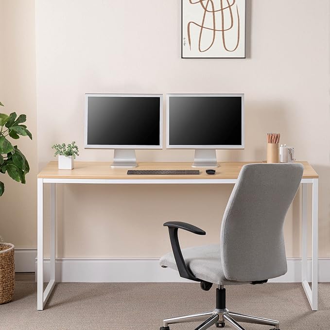 Zinus Jennifer 63 Inch White Frame Desk, Computer Workstation, Office Desk, Easy Assembly, Natural