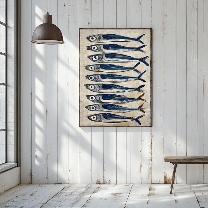 Vintage Canvas Wall Art Decor, Sardine Still Life Farmhouse Wall Prints for Kitchen, Nautical Fish Coastal Home Art, Rustic Posters for Living Room Aesthetic, Unframed Painting Artwork, 16"x24"