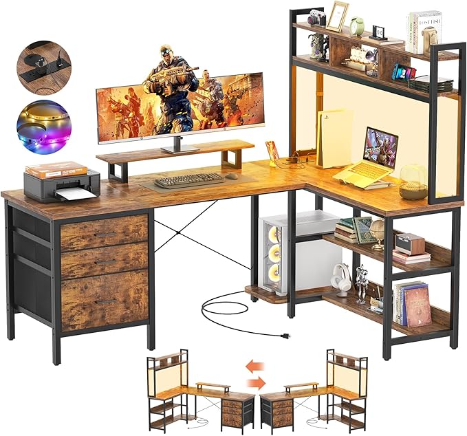 Aheaplus L Shaped Desk with Hutch, Gaming Desk with Led Lights, Reversible Computer Desk with Power Outlet, Corner Desk with File Drawer & Monitor Stand, Storage Shelves for Home, F1, Rustic Brown