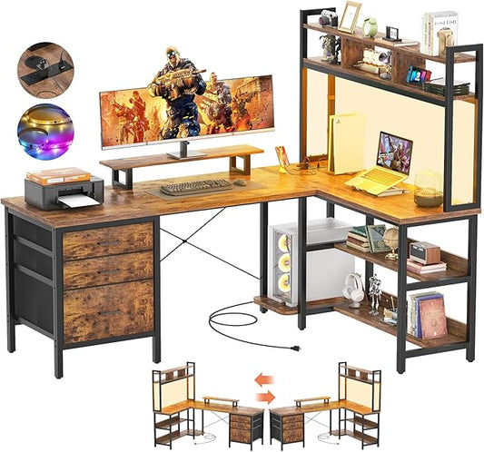 Aheaplus L Shaped Desk with Hutch, Gaming Desk with Led Lights, Reversible Computer Desk with Power Outlet, Corner Desk with File Drawer & Monitor Stand, Storage Shelves for Home, F1, Rustic Brown