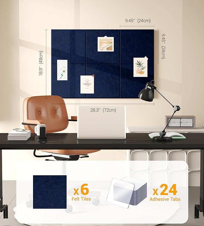 1/2" Thick Cork Board for Office, 6 Pack Felt Wall Tiles -28"x18" with Safe Adhesive Tabs, Large Bulletin Board, Push Pin Board Organizer Wall - Dark Blue