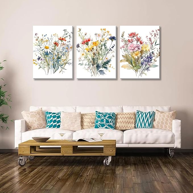 Colorful Wildflower Canvas Wall Art Watercolors Botanical Flower Painting Picture Wall Decor Modern Painting Floral Poster Print Artwork for Bedroom Living Room Gallery Home Decoration Framed