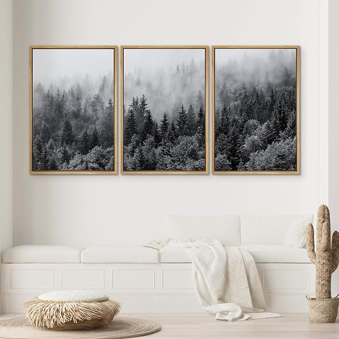 SIGNWIN Framed Canvas Print Wall Art Set Black & White Misty Mountain Forest Nature Wilderness Photography Modern Art Chic Landscape Relax/Calm for Living Room, Bedroom, Office - 24"x36"x3 Natural