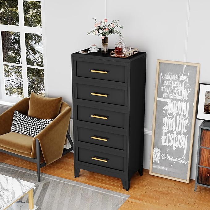 53.46" Tall Dresser for Bedroom 5 Drawers, Metal Dresser Chest of Drawers, Circular Drawer Cabinet for Home,Filing Cabinet with Drawers for Office (Black)