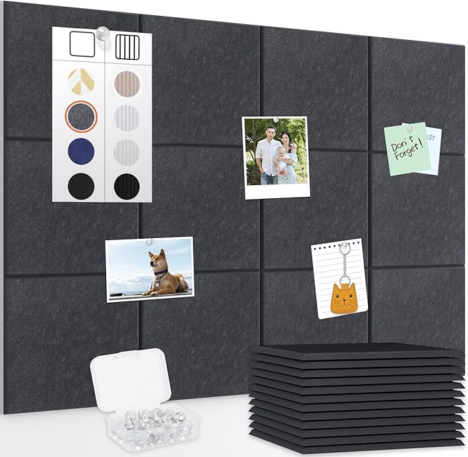 Smarpau Large Cork Board for Walls, 12 Pack Square Bulletin Board, 48"x36" Pin Board with Pushpins Removable Security Stickers, Felt Wall Tiles for Office Home Decoration-Dark Grey