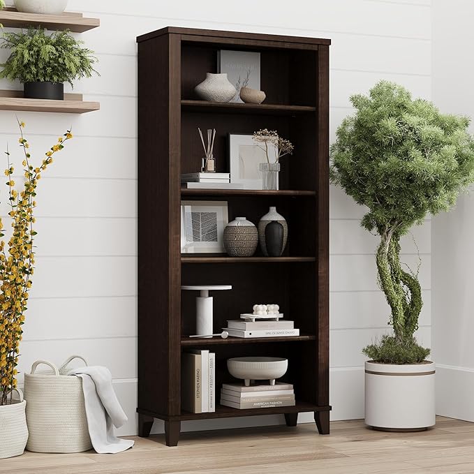 Bush Home Somerset 5 Shelf Bookcase in Mocha Cherry, Tall Bookshelf, Large Book Shelf for Living Room, Home Office, or Entryway