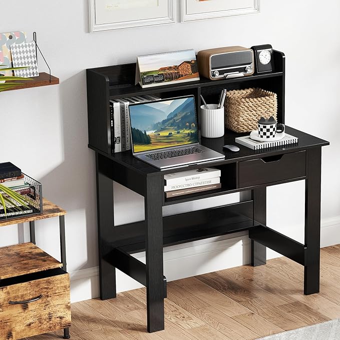 Giantex Computer Desk with Hutch, Home Office Desk with Power Outlets, USB Ports, Type-C, Storage Shelf & Drawer, Modern Laptop PC Table Computer Workstation, Study Writing Desk for Bedroom, Black
