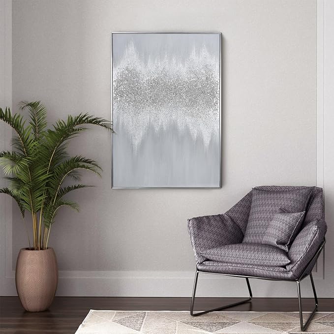 Silver Abstract Wall Art Decor - Grey Hand-Painting Embellished with Sand Grain and Glitter in Metallic Hues, Brilliant Modern Abstract Canvas for Living room, Bedroom Decor, 28" x 40", Framed