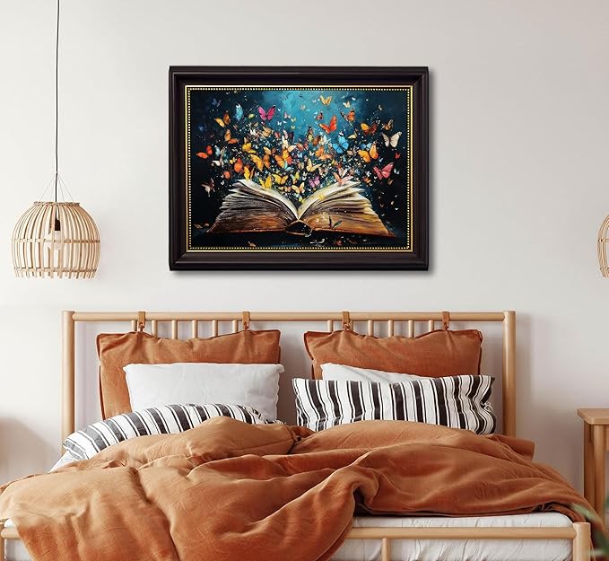 Dark Brown Frame Colorful Butterfly Book Canvas Wall Art Butterfly Emerging From Book Wall Decor Picture Reading Enthusiasts Poster Print for Library Reading Room Modern Reading Home Decoration