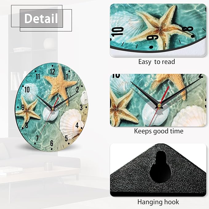 SPUNKER Wall Clock,Beach Seashell Starfish Kitchen Wall Clock,Coastal Clocks 10 Inch Silent Non-Ticking Wall Battery Operated for Living Room Bedroom Bathroom Laundry Room Decor