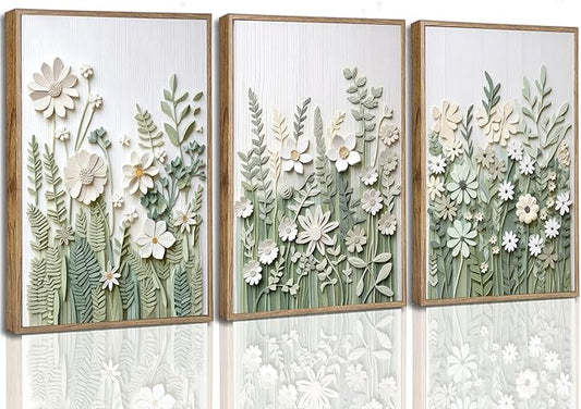 3 Pcs Sage Green Wildflowers Canvas Wall Art Neutral Minimalist Abstract Boho Floral Botanical Painting Pictures Wall Decor Poster Print Artwork for Living Room Bedroom Home Decoration Unframed