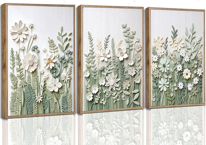 3 Pcs Sage Green Wildflowers Canvas Wall Art Neutral Minimalist Abstract Boho Floral Botanical Painting Pictures Wall Decor Poster Print Artwork for Living Room Bedroom Home Decoration Unframed