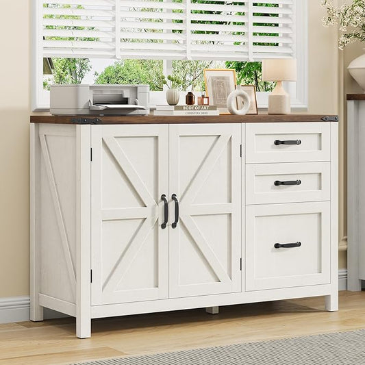 3 Drawer File Cabinet, Farmhouse Lateral Filing Cabinet with Doors for Letter/A4 Size Hanging Files, Large Wood Storage Cabinets Printer Stand with Adjustable Shelf for Home Office, White and Brown