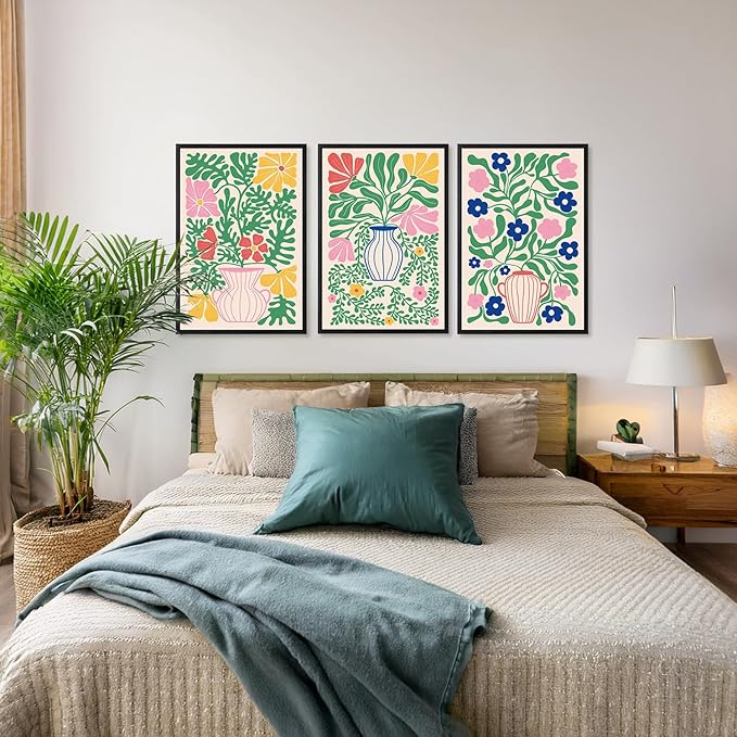 CHDITB Matisse Flowers Vase Framed Canvas Wall Art(24"x36"), 3 Panels Colorful Boho Florals Botanical Plants Artwork Printings, Large Scandinavian Gallery Decor Painting for Bedroom Dining Room Office