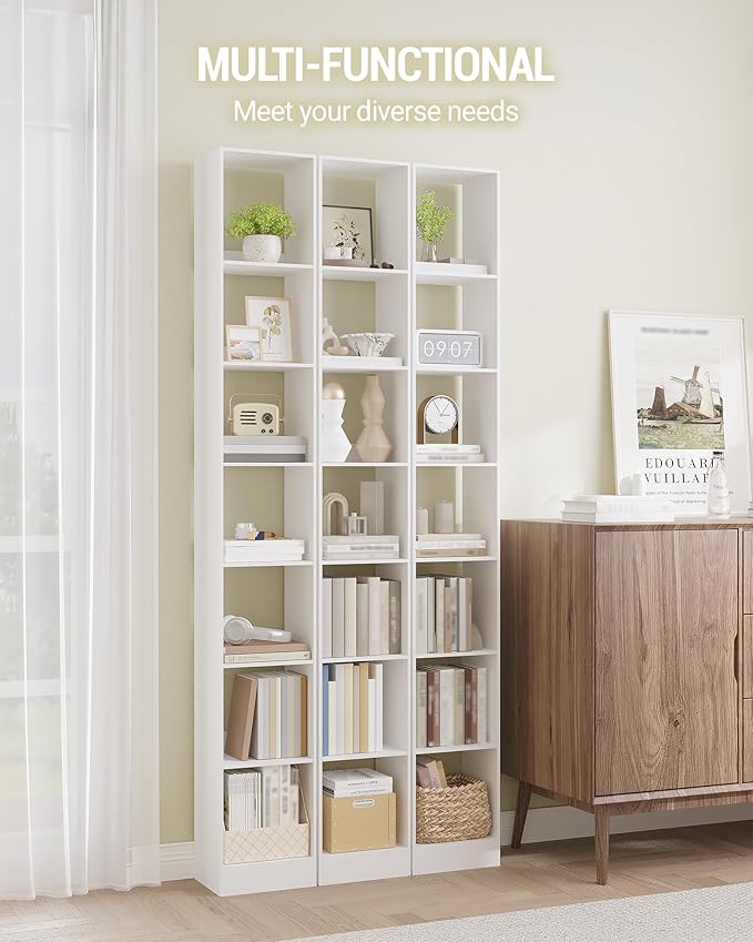 Bookcase, Tall Narrow Bookshelf, Open Display Storage Shelf, Skinny Cube Book Shelf with Adjustable Shelves, CD Rack for Living Room, Home Office 7-Tier(9.4 x 11.8 x 84.3 inch) White BC79703X