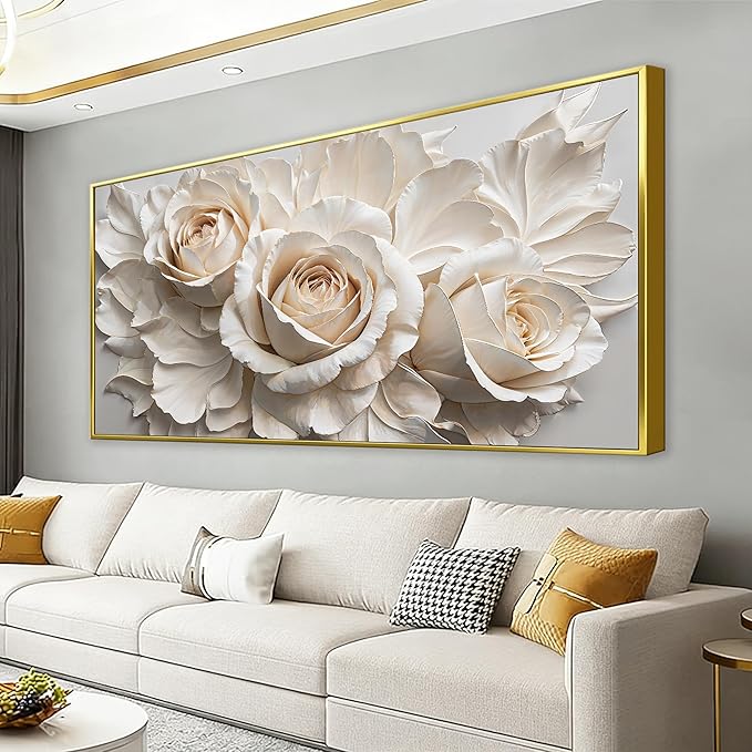 QSQ Large Gold Framed Wall Art For Living Room Home Wall Decor Modern Canvas Art Wall Decor 29 X 58 Inches White Flower Wall Art Elegant Picture For Bedroom Hotel Office Artwork
