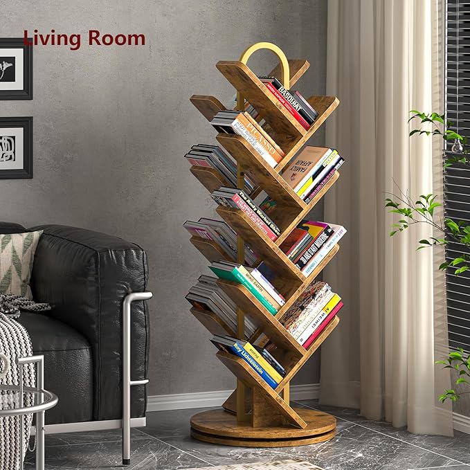 TVU 16-Tier Tree Rotating Bookshelf, 360 Degree Spinning Standing Bookcase for Magazines DVDs Books, Corner Bookcase for Living Room Bedroom Study, Rustic Brown