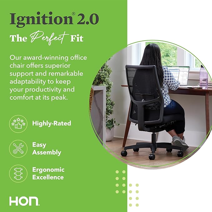 HON Ignition 2.0 Armless Office Chair, Ergonomic Adjustable Tilt, Swivel Wheels, Comfy for Long Hours, Home Office Desk Chairs, Black