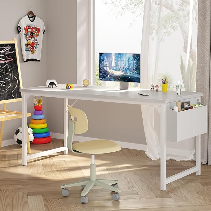 OLIXIS Computer Desk 63 Inch Home Office Desks for Small Spaces, Gaming Writing Study Work Table with Storage Bag and Headphone Hook for Bedroom, White