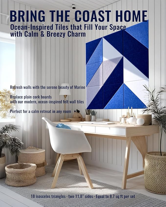 Felt Wall Tiles Bulletin Board, Marine Blue White Panels, Modular Decorative Boards for Home Office, Kids Room, Nursery, DIY Geometric Art Display, 18 Pack 11.8" Triangle Tiles (Marine)