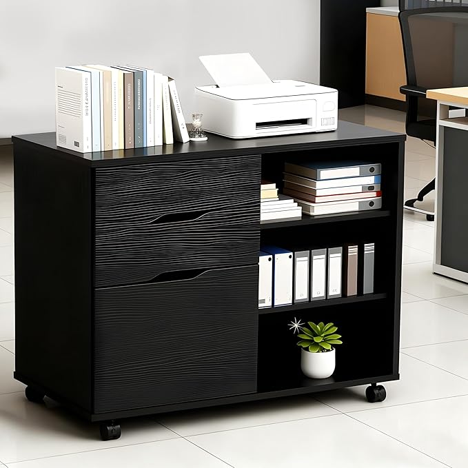 PayLessHere Lateral File Cabinet with 3 Drawers | Rolling Filing Cabinets Under Desk Storage with Wheels | Printer Stand Wood Organizer with Adjustable Shelf for Home Office Small Space, Black