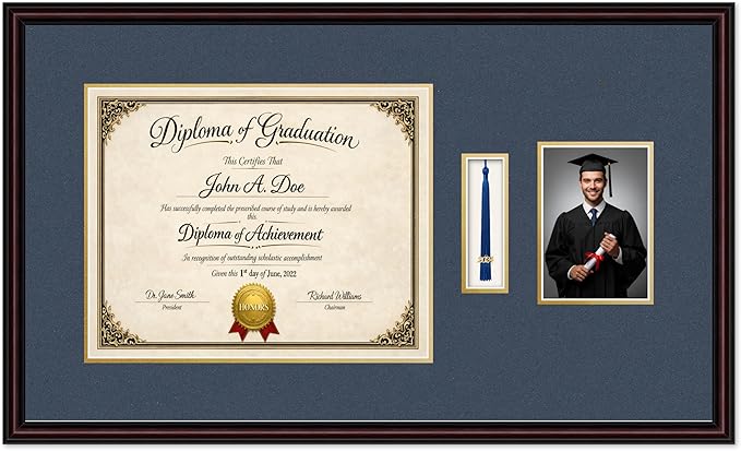 Diploma Tassel and Photo Frame Executive Brown Shadowbox Navy Blue Over Gold Mat - Fits 15 x 12 Degree Picture Made in the USA