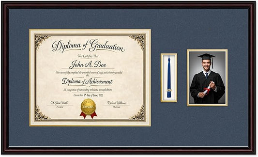 Diploma Tassel and Photo Frame Executive Brown Shadowbox Navy Blue Over Gold Mat - Fits 15 x 12 Degree Picture Made in the USA