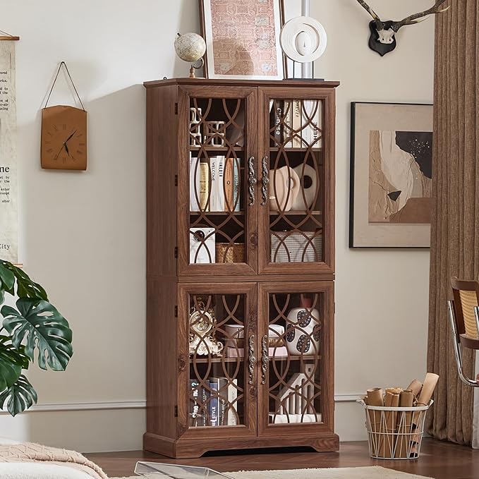 67" Tall Bookshelf, Rustic Book Shelf w/Vintage Pattern Tempered Glass Doors, 5-Tier Wood Bookcase with Adjustable Storage Shelves, Retro Curio Display Cabinet for Living Room, Brown