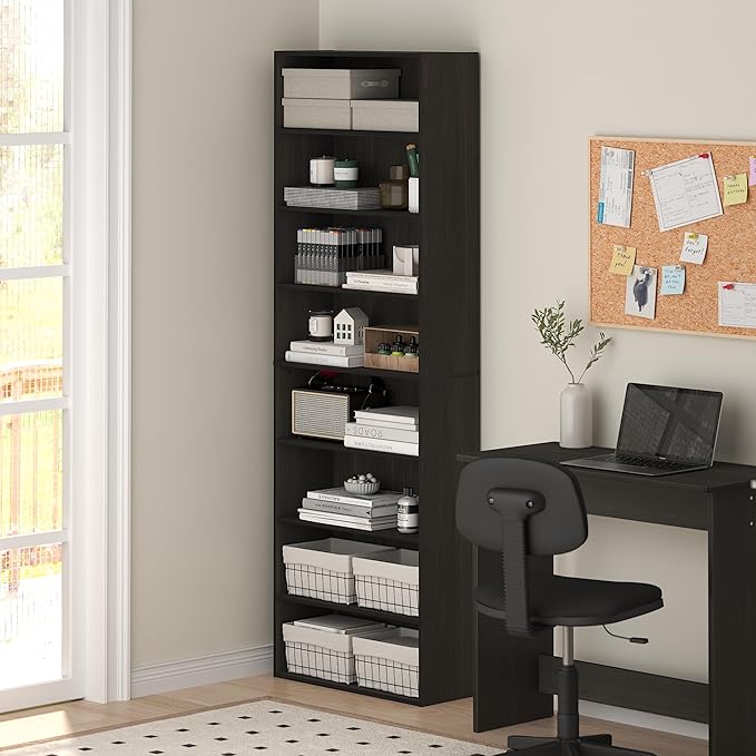 Furinno Basic Book Shelf, 8-Tier Bookcase with Open Shelf, Standing Bookshelf, Cube Storage Organizer, 12 x 24 x 71, for Living Room, Bedroom, Home Office, Espresso