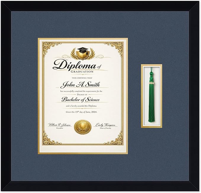 CountryArtHouse Diploma and Tassel Frame Fits 8.5 x 11 Certificate (Portrait) with Tassel Ho Matte Black Genuine Hardwood Shadowbox with Navy Blue Over Metallic Gold Double mat