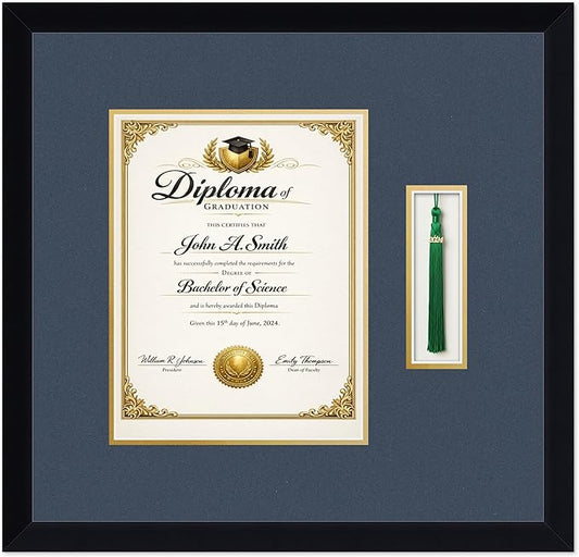 CountryArtHouse Diploma and Tassel Frame Fits 8.5 x 11 Certificate (Portrait) with Tassel Ho Matte Black Genuine Hardwood Shadowbox with Navy Blue Over Metallic Gold Double mat