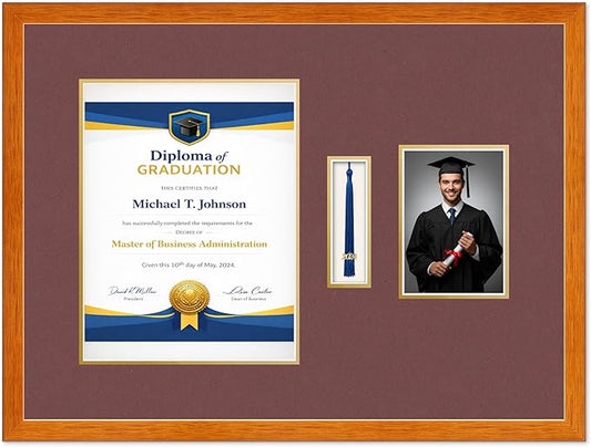 Diploma Tassel and Photo Frame Honey Oak Shadowbox Dark Red Over Gold Mat - Fits 10 x 13 Degree Picture Made in the USA