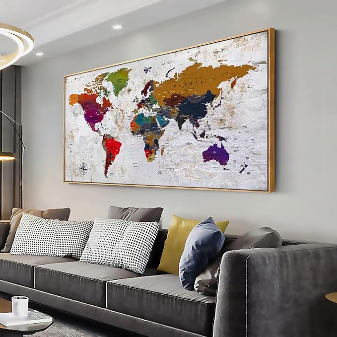 Framed Wall Art World Map Wall Art Canvas Picture 24inx48in Large Antiqued Map of The World Canvas Painting Artwork Prints for Office Wall Decor Home Living Room Decorations Framed Ready to Hang…