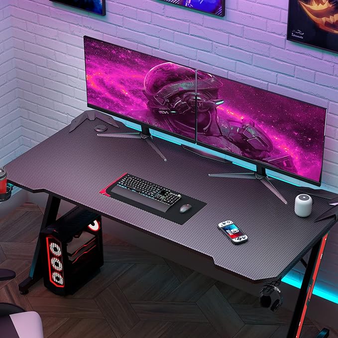 Homall Gaming Computer Desk with Carbon Fiber Surface, Gaming Table Z Shaped Pc Home Office with Cup Holder&Headphone Hook(55 in, Black)