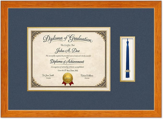 Diploma Frame with Tassel Holder Honey Oak Shadowbox Navy Blue Over Gold Mat - Fits 11 x 8.5 Degree Made in the USA