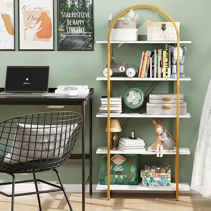 Arched Bookshelf 5 Tier Book Shelf, 31.5 Inch Width Industrial Arch Bookcase, Curved Tall Bookshelf with Open Shelves for Home Office, Living Room, Bedroom, Gold