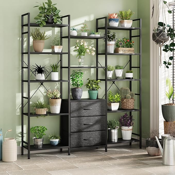 Triple Bookshelf with 3 Fabric Drawers, 5-Tier Book Shelf and 10 Display Shelves, Industrial Large Bookcase for Home & Office, Black, 47'' Wide