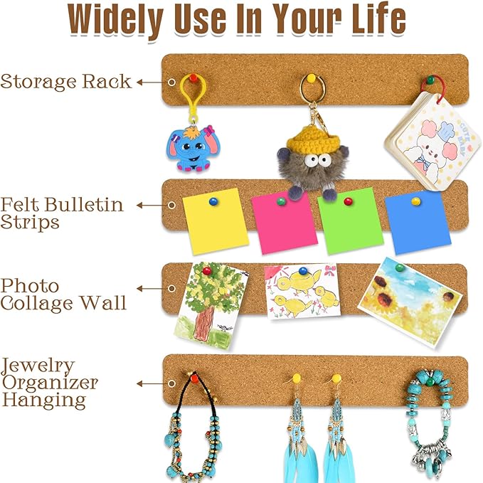 12 Pack Self Adhesive Cork Board Strips for Office, Home, Classroom with 100 Push Pins