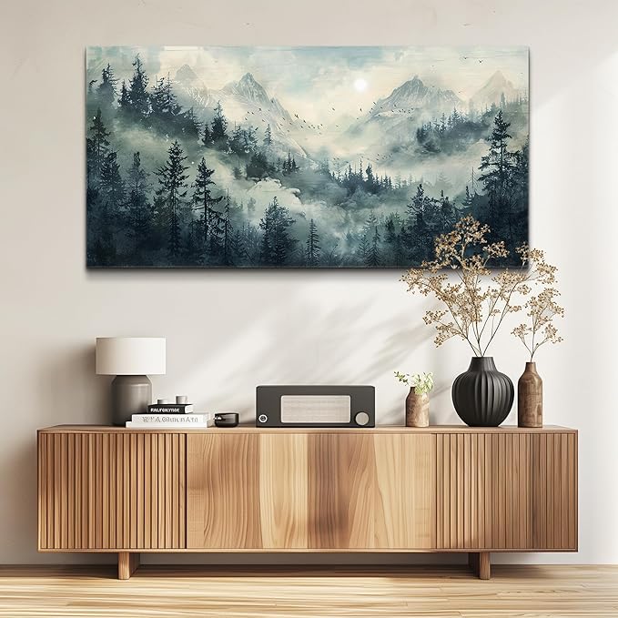 KELIYUAN Modern Large Canvas Print Wall Art Misty Forest Landscape Painting Home Decoration Natural Landscape Artwork Picture Living Room Bedroom Office Wall Decoration Ready To Hang 24x48 Inches