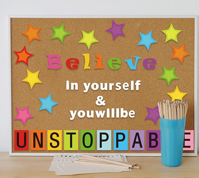 54 Pcs Believe in Yourself Bulletin Board Decorations Stylish Star Inspirational Quotes Bulletin Cutouts Wall Decals with Glue Point Dots for School Classroom Home Teacher Supplies