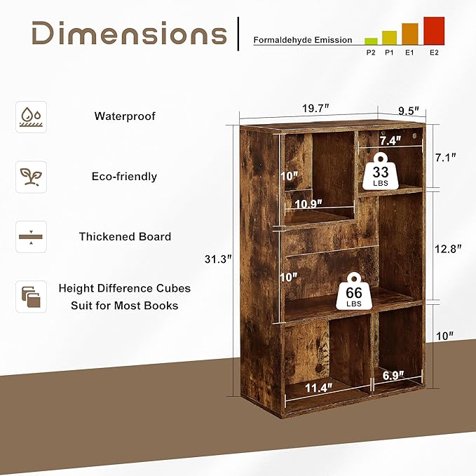 VECELO 5 Cube Modern Bookcases, 3 Tier Bookshelves, 31 Inch High Cubby Storage Organizer, Shelf Hight Up to 12.8 Inches Suit for Most Books, Vertical or Horizontal Use Available,Rustic Brown