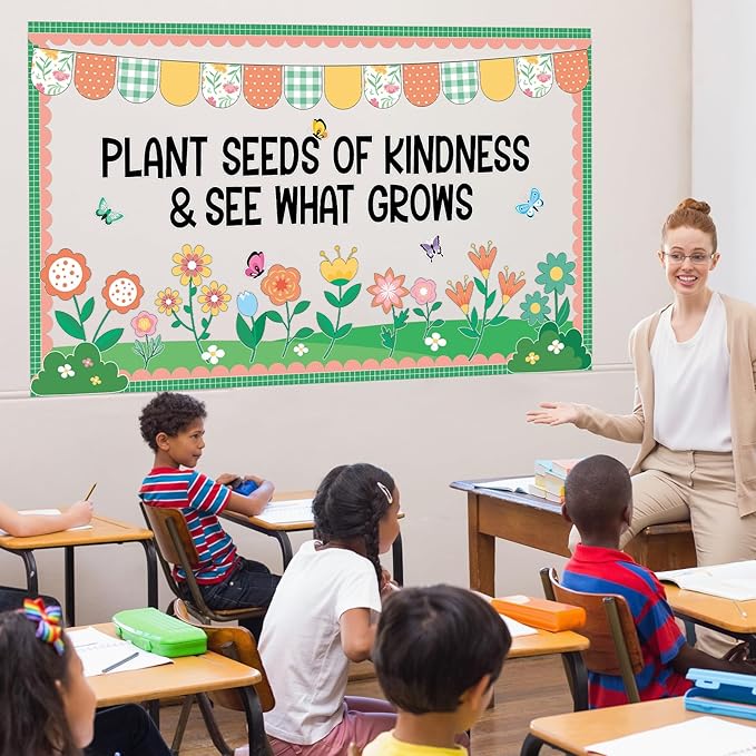 Spring Kindness Bulletin Board Set Plant Kindness Classroom Decoration Colorful Flowers Butterflies Paper Cutouts for Back to School Home Nursery Chalkboard Wall Decor Springs Party Supplies