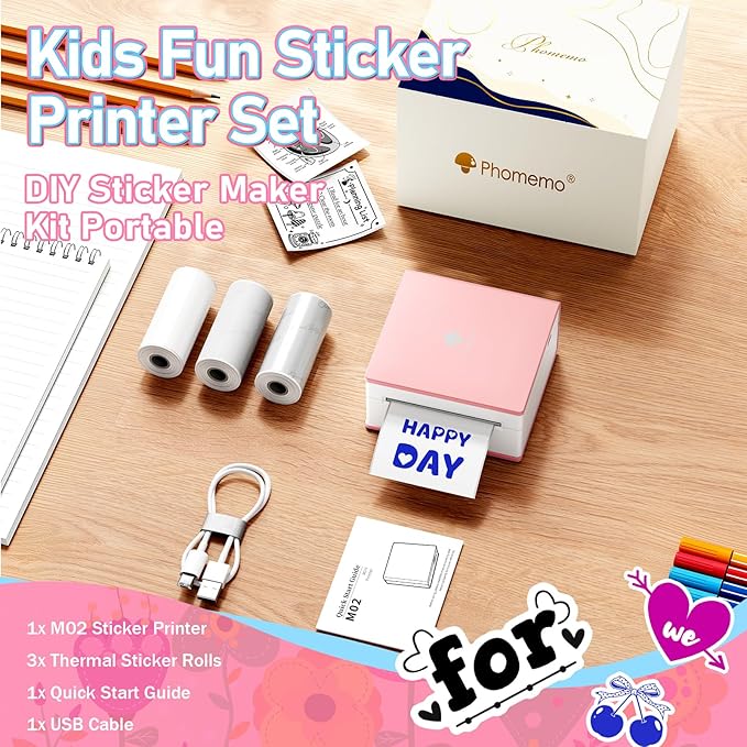 Phomemo Sticker Printer- Mini Thermal Sticker Printer Machine, Small Pocket Label Maker Instant Print for DIY Creation, Study Notes, Photos, Portable Inkless Photo Maker for Kids/Students, Pink