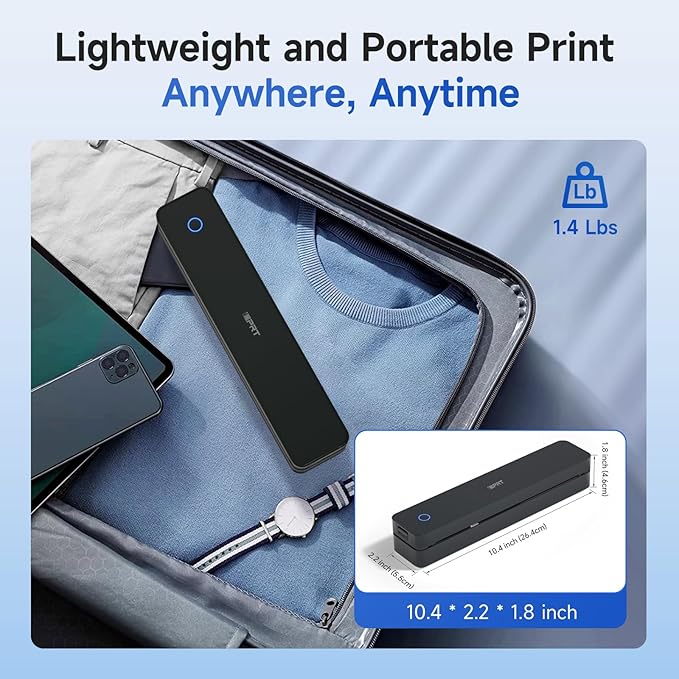 iDPRT Portable Printer Wireless for Travel - Bluetooth Mobile Printer Support for 8.5"x11" US Letter, Inkless Compatible with iOS, Android, Laptop for Office, Car and Home (300DPI, Black)