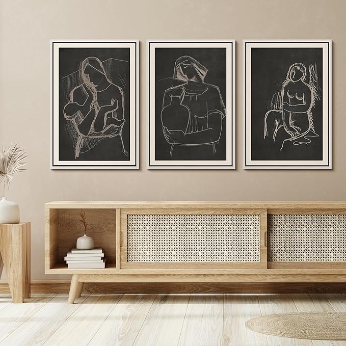 SIGNFORD Framed Wall Art Print Set Black Background Figurative Line Digital Art Modern Art Contemporary for Living Room, Bedroom, Office - 16"x24"x3 WHITE