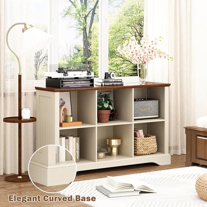 6 Cube Storage Organizer - 47.4" Farmhouse Wood Low Bookshelf, 3 Tier Horizontal Open Shelf Bookcase Cubby Storage Console Cabinet for Living Room, Entryway, Office, Antique White