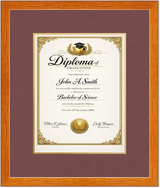 CountryArtHouse Diploma Frame Fits 10 x 13 College Diploma (Portrait Traditional) - Keepsake Graduation Disp Honey Oak Genuine Hardwood with Dark Red Over Metallic Gold Double mat