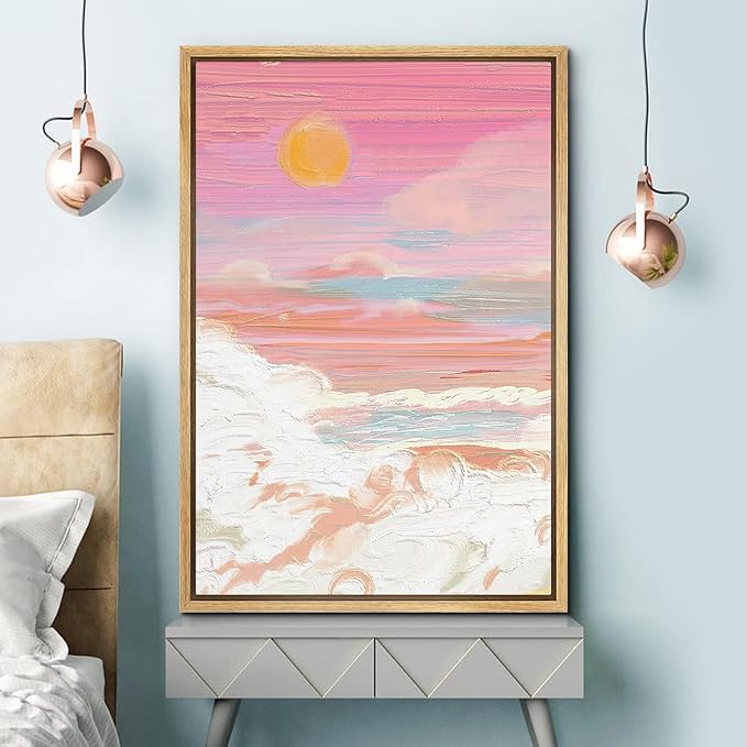 SIGNFORD Framed Canvas Print Wall Art Pastel Watercolor Pink Sunset Cloud Nature Wilderness Illustrations Modern Art Vibrant Girl's Bedroom Colorful for Living Room, Bedroom, Office - 24"x36" Natural
