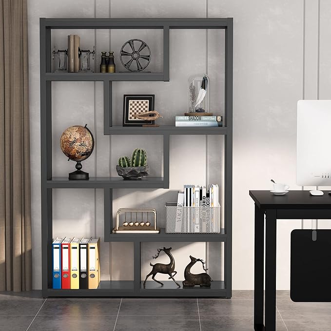 Tribesigns Way to Origin 6-Shelf Modern Bookshelf Set of 2, Industrial Etagere Bookcase, 69-Inch Tall Storage Display Staggered Shelves with Sturdy Metal Frame, Black